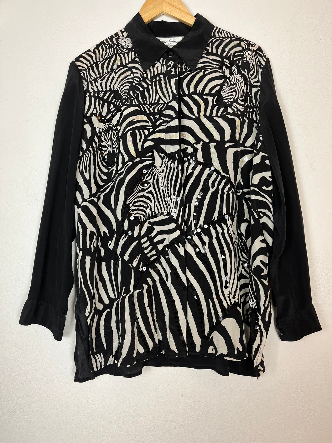 Zebra Print Sequin Silk Button Up - Large